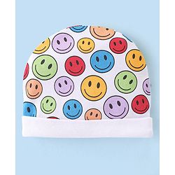 Babyhug 100% Cotton Knit Cap Mittens And Booties Smiley Print - Multicolor