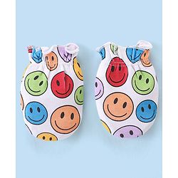 Babyhug 100% Cotton Knit Cap Mittens And Booties Smiley Print - Multicolor