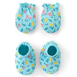 Babyhug Cotton Mittens & Booties Set Floral Print - Blue