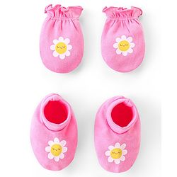 Babyhug 100% Cotton Knit Mittens and Booties Floral Print - Pink