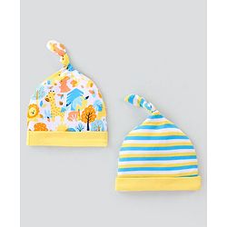 Babyhug 100% Cotton Knit Cap Animal Print Pack of 2 - Blue & Yellow
