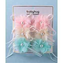 Babyhug Hair Pins and Clips With Floral Applique Pack of 6 - Pink Blue & Beige