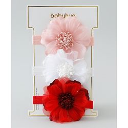 Babyhug Free Size Headbands With Floral Applique Pack of 3 - Pink White & Red