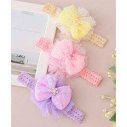 Babyhug Free Size Headbands With Bow Applique Pack of 3 - Pink Purple & Yellow