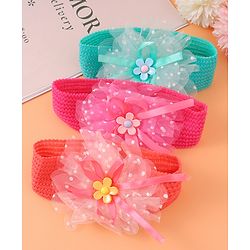 Babyhug Headbands with Floral Applique Free Size Pack of 3 - Blue Dark PInk & Orange