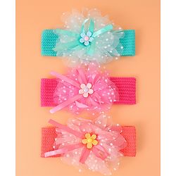 Babyhug Headbands with Floral Applique Free Size Pack of 3 - Blue Dark PInk & Orange