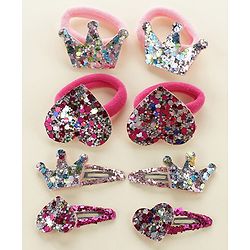 Babyhug Free Size Snap Clips with Rubber Band with Sequined Heart & Crown Applique Pack of 8 - Multicolour