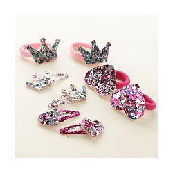 Babyhug Free Size Snap Clips with Rubber Band with Sequined Heart & Crown Applique Pack of 8 - Multicolour