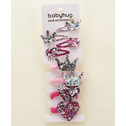 Babyhug Free Size Snap Clips with Rubber Band with Sequined Heart & Crown Applique Pack of 8 - Multicolour