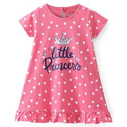 Babyhug Single Jersey Knit Half Sleeves Polka Dots & Text Printed Nighty - Pink