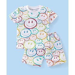 Babyhug Cotton Knit Half Sleeves Night Suit Smiley Print - White