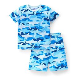 Babyhug Cotton Knit Half Sleeves Sharks Printed Night Suit - Blue