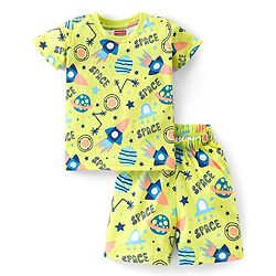 Babyhug Cotton Half Sleeves Night Suit Space Print - Green