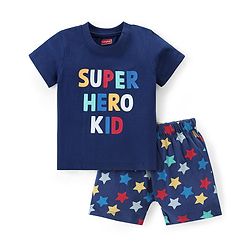 Babyhug Cotton Knit Half Sleeves Night Suit With Text & Stars Print - Navy
