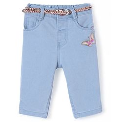 Babyhug Denim Capri Solid with Belt & Butterfly Applique - Light Blue