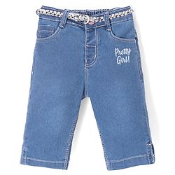 Babyhug Denim With Strech Capri & Belt Text Print - Blue