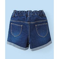 Babyhug Cotton Knit Single Jersey Frill Sleeves Top & Denim Shorts With Text Print - White & Navy Blue