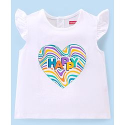 Babyhug Cotton Knit Single Jersey Frill Sleeves Top & Denim Shorts With Text Print - White & Navy Blue