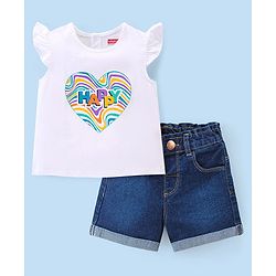 Babyhug Cotton Knit Single Jersey Frill Sleeves Top & Denim Shorts With Text Print - White & Navy Blue