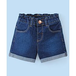 Babyhug Cotton Knit Single Jersey Frill Sleeves Top & Denim Shorts With Text Print - White & Navy Blue