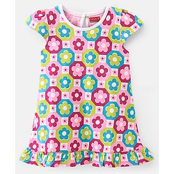 Babyhug Single Jersey Knit Cap Sleeves Nighty Floral Print - Pink