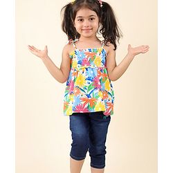 Babyhug Single Jersey Knit Sleeveless Top & Denim Jeans Set Floral Print - Multicolor & Blue