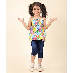 Babyhug Single Jersey Knit Sleeveless Top & Denim Jeans Set Floral Print - Multicolor & Blue
