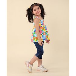 Babyhug Single Jersey Knit Sleeveless Top & Denim Jeans Set Floral Print - Multicolor & Blue