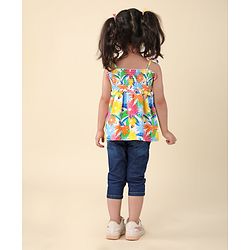 Babyhug Single Jersey Knit Sleeveless Top & Denim Jeans Set Floral Print - Multicolor & Blue