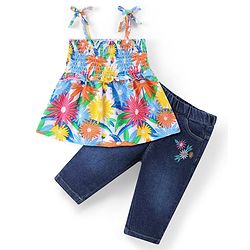 Babyhug Single Jersey Knit Sleeveless Top & Denim Jeans Set Floral Print - Multicolor & Blue