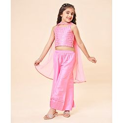 Babyhug Sleeveless Embroidered & Sequinned Crop Top With Palazzo and Dupatta Set - Light Pink