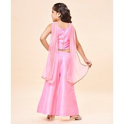 Babyhug Sleeveless Embroidered & Sequinned Crop Top With Palazzo and Dupatta Set - Light Pink