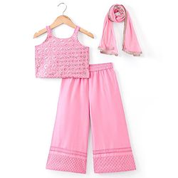 Babyhug Sleeveless Embroidered & Sequinned Crop Top With Palazzo and Dupatta Set - Light Pink