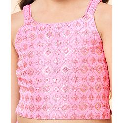 Babyhug Sleeveless Embroidered & Sequinned Crop Top With Palazzo and Dupatta Set - Light Pink