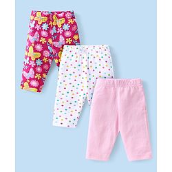 Babyhug Cotton  Lycra Three Fourth Leggings with Butterfly & Polka Dot Print Pack of 3 - Multicolor
