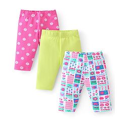 Babyhug Cotton Lycra Knit Three Fourth Legging Solid Color & Floral Print Pack of 3 - Green Pink & Blue