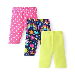 Babyhug Cotton Lycra Knit Three Fourth Legging Solid Color & Polka Dot Print Pack of 3 - Green Pink & Blue