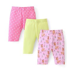 Babyhug Cotton Lycra Knit Three Fourth Legging Solid Color & Deer Print Pack of 3 - Green Pink & Peach