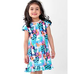 Babyhug Cotton Knit Cap Sleeve Nighty With Tropical Theme-Multicolor