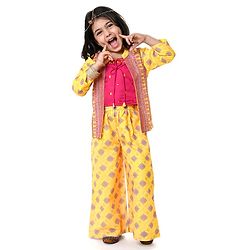 Babyhug Embellished Crop Top with Block Printed Palazzo & Three Fourth Sleeves Jacket Set - Yellow