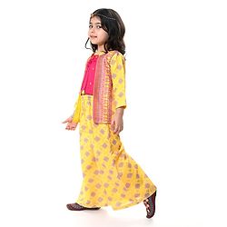 Babyhug Embellished Crop Top with Block Printed Palazzo & Three Fourth Sleeves Jacket Set - Yellow