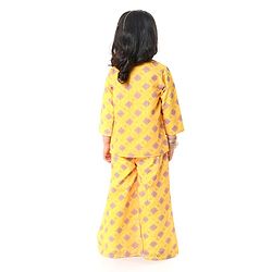 Babyhug Embellished Crop Top with Block Printed Palazzo & Three Fourth Sleeves Jacket Set - Yellow