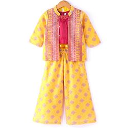 Babyhug Embellished Crop Top with Block Printed Palazzo & Three Fourth Sleeves Jacket Set - Yellow