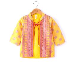 Babyhug Embellished Crop Top with Block Printed Palazzo & Three Fourth Sleeves Jacket Set - Yellow
