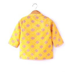 Babyhug Embellished Crop Top with Block Printed Palazzo & Three Fourth Sleeves Jacket Set - Yellow
