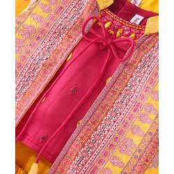 Babyhug Embellished Crop Top with Block Printed Palazzo & Three Fourth Sleeves Jacket Set - Yellow