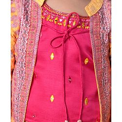 Babyhug Embellished Crop Top with Block Printed Palazzo & Three Fourth Sleeves Jacket Set - Yellow