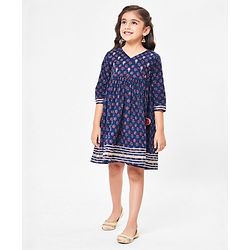 Babyhug Cambric Three Fourth Sleeve Overlap Ethnic Dress Block Printed & Embroidered - Indigo