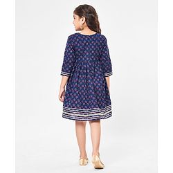 Babyhug Cambric Three Fourth Sleeve Overlap Ethnic Dress Block Printed & Embroidered - Indigo