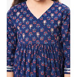 Babyhug Cambric Three Fourth Sleeve Overlap Ethnic Dress Block Printed & Embroidered - Indigo